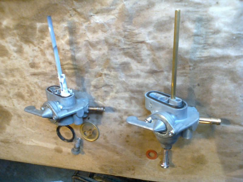 Old fuel cock vs new. Note that the old valve’s “reserve” pickup extends up into the tank a little, while the new one does not.